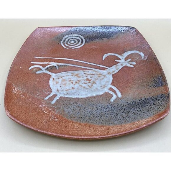 Studio Pottery Artist Native Signed Cave Painting Antelope & Sun 11” X 11” BC - Picture 2 of 12